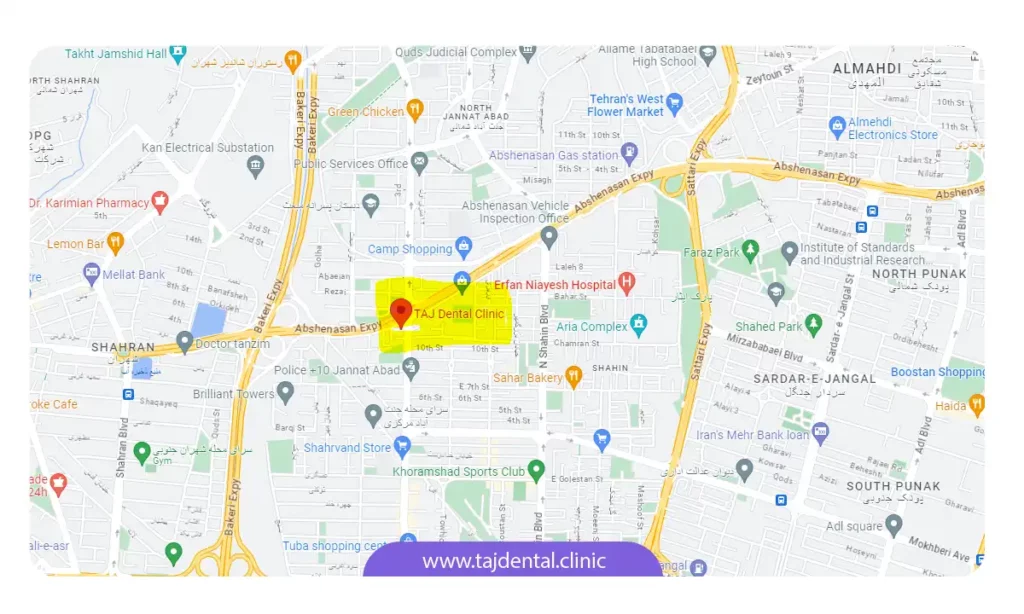 نقشه کلینیک دندانپزشکی تاج در تهران